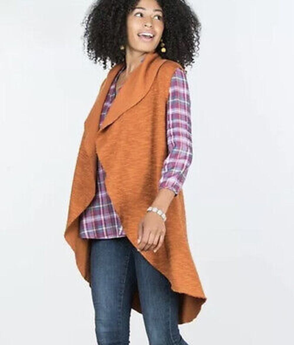 Matilda Jane Burnt Orange Run Through Sleeveless Shawl Collar Open Cardigan Vest